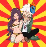  1boy 1girl alternate_costume animal_print bandaged_arm bandages bandaid bangs bikini black_pants blush collarbone danganronpa_(series) danganronpa_2:_goodbye_despair dosugon green_jacket hair_between_eyes hood hood_down hooded_jacket indian_style jacket komaeda_nagito long_hair mask mask_on_head oni_mask pants red_background shirt sitting smile sweat swimsuit tearing_up tiger_print tsumiki_mikan white_shirt yellow_background 