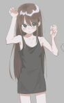  1girl black_dress blue_eyes blush breasts brown_hair closed_mouth cowboy_shot dress grey_background hair_between_eyes kurobeko_(kur0bek0) long_hair looking_at_viewer original short_dress simple_background sleeveless sleeveless_dress small_breasts solo very_long_hair 