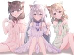  3girls absurdres ahoge animal_ears bangs blunt_bangs blush cat_ears clothing_cutout dress extra_ears frilled_dress frills hair_between_eyes highres hoshi_syoko idolmaster idolmaster_cinderella_girls knees_up looking_at_viewer morikubo_nono multiple_girls nyan ringlets sahara_tsugumi sakuma_mayu shoulder_cutout sitting smile straight_hair under_the_desk_(idolmaster) 