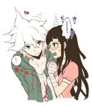  1boy 1girl apron bandaged_arm bandages bangs blush breasts collarbone danganronpa_(series) danganronpa_2:_goodbye_despair dosugon flying_sweatdrops from_side green_jacket jacket komaeda_nagito large_breasts long_hair looking_at_another messy_hair notice_lines open_clothes open_jacket open_mouth pink_shirt profile shirt smile translation_request tsumiki_mikan upper_body white_shirt 