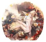  1girl absurdres afloat_leaves artist_request azur_lane baozi bare_arms bare_legs bare_shoulders barefoot black_ribbon blonde_hair blue_eyes bottle bucket dead_or_alive dead_or_alive_5 double_bun dress feet food hair_bun highres holding holding_bottle innertube leaf legs looking_at_viewer manjuu_(azur_lane) marie_rose marie_rose_(steamy_venus) naked_towel official_alternate_costume official_art onsen ramune ribbon sitting soaking_feet swim_ring tan tanlines toenails toes towel water wet wet_towel wooden_bucket wooden_floor 