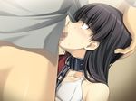  1girl bdsm black_hair bondage bound bra censored chains collar cum cum_in_mouth deepthroat fellatio gradient gradient_background hand_on_head leash lingerie long_hair oral penis rape sakurajima_saromako surprise surprised sweat tsurumiku underwear yumekui_-tsurumiku_shiki- yumekui_tsurumiku_shiki_game_seisaku 