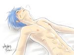  1boy abs bandage blue_hair blush cum hirohide kuroko_no_basuke kuroko_tetsuya male male_focus muscle nipples nude plaster saliva solo trembling usukawa_(artist) white_background yaoi 
