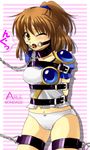  1girl arle_nadja arms_behind_back ball_gag bdsm blush bondage bound breast_bondage breasts chains collar drooling gag madou_monogatari navel panties puyopuyo saliva sweetsprite tears underwear whiffer_ball wince 