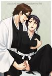  1girl aizen_sousuke azasuke black_hair bleach breast_grab breasts brown_eyes brown_hair censored fingering glasses grabbing groping hair_bun highres hinamori_momo japanese_clothes no_panties open_mouth penetration pussy shaved_pussy short_hair sitting solo spread_legs tears torn_clothes vaginal 
