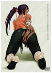  1girl all_fours anus ass ass_grab azasuke bleach censored dark-skinned_female dark_skin from_behind groping highres latex long_hair looking_back no_panties ponytail pubic_hair purple_hair pussy shihouin_yoruichi skin_tight smile solo torn_clothes yellow_eyes 