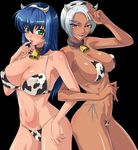  2girls animal_ears bell bikini blue_hair blush breasts cleavage cow_bell cow_girl cow_horns cow_print dark_skin emina&amp;aki emina_(character) emina_(emina&amp;aki) green_eyes horns kagami kagami_hirotaka long_hair multiple_girls potur purple_eyes sexy short_hair smile swimsuit white_hair 