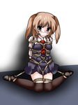  bdsm blush bondage bound brown_hair cloth_gag gag gagged improvised_gag lili_(artist) lilish over_the_mouth_gag rope school_uniform schoolgirl thighhighs twintails 