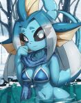 anthro big_breasts bikini bikini_top blue_body breasts cleavage clothed clothing eeveelution eyelashes female generation_1_pokemon hi_res looking_at_viewer nintendo partially_submerged pokemon pokemon_(species) rilex_lenov smile snow snowing solo swimwear two-piece_swimsuit vaporeon water wide_hips