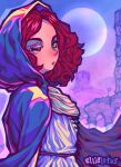  1girl artist_name cape elden_ring ellie_lotus from_side full_moon highres hood hood_up looking_at_viewer looking_to_the_side melina_(elden_ring) moon orange_eyes parted_lips red_hair solo 