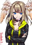  1girl ariazi bangs black_bodysuit black_choker black_jacket blue_eyes bodysuit breast_tattoo breasts choker cleavage eunie_(xenoblade) eyebrows_visible_through_hair head_wings highres hood jacket large_breasts long_hair long_sleeves looking_at_viewer open_clothes open_jacket solo tattoo white_wings wings xenoblade_chronicles_(series) xenoblade_chronicles_3 