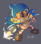  1boy arm_cannon blue_cape blue_hat brown_eyes brown_footwear cape doll_joints fighting_stance full_body fuyodo geno_(mario) grey_background hat joints male_focus mario_(series) puppet signature solo super_mario_rpg weapon 