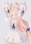  1girl :o ? animal_ear_fluff animal_ears armpits arms_up bangs blonde_hair blue_archive blue_necktie bow buttons detached_sleeves dress flower forehead fox_ears frilled_dress frills grey_background hair_flower hair_ornament halo highres layered_dress light_blush long_hair looking_at_viewer mishima_hiroji necktie orange_bow parted_bangs sailor_collar seia_(blue_archive) simple_background sleeve_bow sleeveless sleeveless_dress sleeves_past_fingers sleeves_past_wrists solo very_long_hair white_bow white_dress white_sailor_collar yellow_eyes 