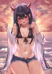  1girl akuma_nihmune arenoyoni bangs beach bikini black_bikini blue_shorts blush breasts breasts_apart cloud cloudy_sky commission demon_girl demon_horns denim denim_shorts ear_piercing embarrassed foaming_waves front-tie_bikini front-tie_top hair_between_eyes hands_up horizon horns indie_virtual_youtuber looking_at_viewer medium_breasts navel ocean off_shoulder open_clothes open_fly open_mouth open_shorts outdoors piercing purple_hair red_eyes seiza shirt short_shorts shorts sitting skeb_commission sky solo stomach sunset swimsuit virtual_youtuber water wet white_shirt 