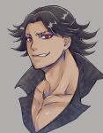  1boy black_hair grin high_collar jojo_no_kimyou_na_bouken large_pectorals male_focus muscular muscular_male pectoral_cleavage pectorals red_eyes smile solo stardust_crusaders steely_dan tanakaoften v-neck 