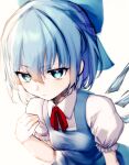  1girl blue_bow blue_dress blue_eyes blue_hair bow cirno closed_mouth collared_shirt detached_wings dress eyebrows_visible_through_hair fairy hair_between_eyes hair_bow highres ice ice_wings kisamu_(ksmz) puffy_short_sleeves puffy_sleeves shirt short_hair short_sleeves simple_background solo touhou upper_body white_background white_shirt wings 