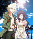  1boy 1girl :d apron bandaged_arm bandages bangs black_pants breasts cowboy_shot danganronpa_(series) danganronpa_2:_goodbye_despair day dosugon eyebrows_visible_through_hair green_jacket jacket komaeda_nagito large_breasts long_hair looking_at_viewer messy_hair mole mole_under_eye open_clothes open_jacket outdoors pants pink_eyes pink_shirt pleated_skirt print_shirt purple_hair shirt skirt smile teeth tongue tree tsumiki_mikan upper_teeth white_skirt 