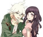  1boy 1girl :d bangs black_hair breasts closed_mouth danganronpa_(series) danganronpa_2:_goodbye_despair dosugon eyebrows_visible_through_hair green_jacket grey_background hair_between_eyes hood hood_down jacket komaeda_nagito large_breasts long_hair looking_at_viewer mole mole_under_eye open_clothes open_jacket pink_eyes pink_shirt print_shirt puffy_short_sleeves puffy_sleeves shirt short_sleeves simple_background smile tongue tsumiki_mikan white_shirt 