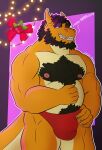  absurd_res anthro beard belly body_hair bulge chase_shinien chest_hair christmas clothing dragon facial_hair father fur furry_dragon hi_res holidays humanoid lights male male/male neon nipples parent pubes pupils red_eyes reptile scalie slit_pupils smile solo thong underwear 