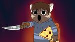  adrian_(crovirus) anthro clothing crovirus food gesture glowing glowing_background gulonine hi_res hoodie humor knife male mammal marten mustelid musteline open_mouth pine_marten pizza pointing pointing_at_viewer screaming smiling_friends solo topwear weapon 