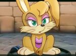 3_toes 4_fingers anthro archie_comics barefoot blush breasts bunnie_rabbot cleavage clothed clothing eyeshadow facial_tuft feet female fingers fur green_eyes head_tuft hi_res kneeling lagomorph leotard leporid light makeup mammal oposa rabbit sega solo sonic_the_hedgehog_(archie) sonic_the_hedgehog_(comics) sonic_the_hedgehog_(satam) sonic_the_hedgehog_(series) tan_body tan_fur toes tuft whiskers