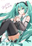  1girl absurdres aqua_eyes aqua_hair aqua_ribbon arm_tattoo black_footwear black_skirt blush boots closed_mouth collared_shirt commentary_request dated detached_sleeves fujishiro_kazuha hair_between_eyes hatsune_miku hatsune_miku_(nt) highres long_hair miku_day neck_ribbon number_tattoo piapro ribbon see-through_clothes see-through_sleeves shirt skirt smile solo tattoo thigh_boots very_long_hair vocaloid white_shirt zettai_ryouiki 