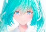  1girl aqua_hair bangs blue_eyes close-up commentary english_commentary eyebrows_visible_through_hair face hair_between_eyes hatsune_miku highres long_hair looking_at_viewer ojay_tkym shirt signature simple_background smile solo twintails vocaloid white_background white_shirt 