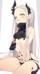  1girl blush breasts closed_mouth forehead goddess_of_victory:_nikke green_eyes grey_hair high_collar highres horns leviathan_(nikke) liquid_clothes long_hair navel pointy_ears pubic_tattoo rasusurasu simple_background slime_(substance) small_breasts smile solo tattoo tongue tongue_out white_background 