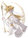  1boy closed_mouth cropped_torso dark_souls_(series) dark_souls_i dark_sun_gwyndolin detached_sleeves dress frills from_side highres holding holding_staff long_hair profile short_hair simple_background solo staff susukeya white_background white_dress white_hair 
