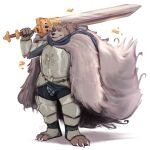 2022 anthro armor bearafterall blaidd_(elden_ring) canid canine canis cape claws clothed clothing elden_ring fromsoftware fur hi_res holding_object holding_sword holding_weapon male mammal melee_weapon scar simple_background solo standing sword teeth tuft video_games weapon white_background wolf 