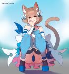  1boy animal_ear_fluff animal_ears bare_shoulders blue_choker blue_legwear brown_hair bulge cat_boy cat_ears cat_tail choker closed_mouth commentary detached_sleeves dress english_commentary eyebrows_visible_through_hair felix_argyle full_body hair_between_eyes highres long_sleeves looking_at_viewer male_focus matemi otoko_no_ko re:zero_kara_hajimeru_isekai_seikatsu short_hair smile solo squatting tail thick_eyebrows thighhighs 