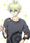  1boy 1other amami_rantarou antenna_hair bangs bracelet danganronpa_(series) danganronpa_v3:_killing_harmony dosugon eyebrows_visible_through_hair green_eyes green_hair hair_between_eyes holding_hands jewelry long_sleeves male_focus necklace shiny shiny_hair short_hair simple_background smile solo_focus sparkle upper_body white_background 