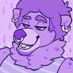  1:1 2016 afro anthro artist_name bear chotpot clothed clothed_anthro clothed_male clothing digital_drawing_(artwork) digital_media_(artwork) ear_piercing ear_ring english_description eyebrows facial_hair facial_piercing fangs flat_colors fur goatee hair half-closed_eyes icon joey_(fluffpon) male male_anthro mammal monochrome multicolored_body multicolored_fur narrowed_eyes neck_tuft no_pupils nose_piercing nose_ring open_mouth open_smile piercing purple_and_white purple_body purple_eyebrows purple_eyes purple_facial_hair purple_fur purple_goatee purple_hair purple_nose ring_piercing simple_background smile solo sparkles teeth thick_eyebrows tuft two_tone_body two_tone_fur 