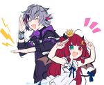  1boy 1girl :d absurdres ahoge arms_up bare_arms black_jacket blue_bow blue_eyes blush bow brown_wings crescent crescent_hair_ornament crown demon_girl demon_horns demon_tail demon_wings double_bun dress fang fuwa_minato fuwa_minato_(1st_costume) grey_hair hair_between_eyes hair_bun hair_ornament heterochromia highres horns jacket lightning_bolt_symbol long_hair mini_crown multicolored_hair nijisanji ninahachi notice_lines purple_hair red_eyes red_hair simple_background sketch sleeveless sleeveless_dress smile streaked_hair tail tail_bow tail_ornament tilted_headwear twitter_username very_long_hair virtual_youtuber white_background white_dress wings yuzuki_roa yuzuki_roa_(3rd_costume) 