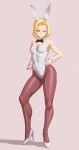  1girl alternate_costume android_18 animal_ears bare_shoulders blonde_hair blue_eyes bow bowtie breasts cleavage commentary covered_navel detached_collar dragon_ball dragon_ball_z fake_animal_ears fujii_eishun full_body high_heels highres jewelry leotard medium_breasts pantyhose playboy_bunny rabbit_ears short_hair solo standing strapless strapless_leotard white_leotard wrist_cuffs 