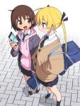  2girls :d ahoge bag black_necktie black_ribbon black_skirt black_socks blazer blonde_hair blush blush_stickers brick_floor brown_cardigan brown_eyes brown_footwear brown_hair cardigan cellphone collared_shirt commentary_request drawstring from_above full_body grey_jacket hair_between_eyes hair_ribbon hands_in_pockets highres holding holding_bag holding_phone hood hood_down hoodie jacket kill_me_baby kneehighs loafers long_sleeves looking_at_another looking_at_phone medium_hair multiple_girls necktie open_clothes open_jacket oribe_yasuna phone pink_hoodie pleated_skirt purple_eyes ribbon shirt shoes shoulder_bag skirt smartphone smile socks sonya_(kill_me_baby) twintails white_background white_shirt white_socks yachima_tana 