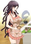  1girl :d apron bandaged_leg bandages bangs bare_shoulders blush breasts brown_apron brown_background brown_eyes cleavage collarbone cup danganronpa_(series) danganronpa_2:_goodbye_despair dosugon food gradient gradient_background holding large_breasts looking_at_viewer naked_apron smile solo teeth tongue tsumiki_mikan upper_teeth 