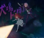  1boy 1girl :d @_@ ^_^ absurdres ahoge arm_up bare_arms bare_shoulders black_footwear black_jacket black_pants blue_bow blush boots bow brown_wings closed_eyes collared_shirt cross-laced_footwear crown demon_girl demon_horns demon_wings double_bun dress flashlight floating_hair fuwa_minato fuwa_minato_(1st_costume) grey_hair hair_between_eyes hair_bun highres holding horns jacket lace-up_boots long_hair mini_crown multicolored_hair nijisanji ninahachi nose_blush pants pink_hair pointing purple_hair red_eyes red_hair running shirt sleeveless sleeveless_dress smile sparkle streaked_hair tilted_headwear translation_request twitter_username v-shaped_eyebrows very_long_hair virtual_youtuber white_dress white_footwear white_shirt wings yuzuki_roa yuzuki_roa_(3rd_costume) 