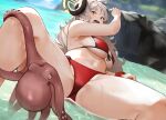  1girl absurdres ahoge bangs bare_shoulders beach bikini blonde_hair blue_archive blush breasts brown_eyes cleavage curled_horns day grey_hair halo highres horns izumi_(blue_archive) large_breasts long_hair looking_at_viewer navel ocean octopus open_mouth outdoors red_bikini revision swimsuit thighs water yoshio_(55level) 