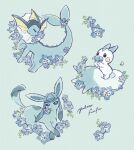  blue_flower closed_eyes closed_mouth flower glaceon grey_background holding holding_flower no_humans pachirisu petals pokemon pokemon_(creature) smile toes vaporeon yurano_(upao) 