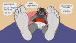  16:9 5_toes animated anthro barefoot black_hair bondagefanart bottomwear canid canine canis claws clothing dialogue english_text feet foot_fetish foot_focus fur hair humanoid_feet long_hair male mammal nintendo nintendo_switch plantigrade shirt short_playtime shorts smile smirk soles solo teasing text toe_claws toes topwear travis_(sebafox) video_games widescreen wolf 