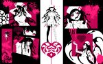  1girl ass bandaged_leg bandages black_background blindfold breasts crazy danganronpa_(series) danganronpa_2:_goodbye_despair dosugon dress garter_straps hat heart large_breasts looking_at_viewer nurse nurse_cap pink_background pink_eyes shoes single_thighhigh thighhighs tsumiki_mikan white_background 