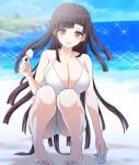  1girl ass bangs bare_shoulders barefoot beach bikini breasts brown_eyes cleavage danganronpa_(series) danganronpa_2:_goodbye_despair day dosugon eyebrows_visible_through_hair full_body holding holding_shell large_breasts looking_at_viewer mole mole_under_eye ocean outdoors shell smile solo squatting swimsuit tsumiki_mikan white_bikini 