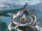 1girl aeginflash aircraft airplane airplane_wing arm_up ascot black_hat black_skirt blue_hair bow capelet closed_mouth cloud collared_capelet commentary_request dot_nose expressionless floating floating_hair frilled_capelet frilled_shawl frilled_skirt frilled_sleeves frills hagoromo hand_on_headwear hat hat_bow hat_ribbon highres lightning long_skirt long_sleeves looking_at_viewer nagae_iku red_ascot red_bow red_eyes red_ribbon ribbon shawl skirt solo touhou wing_collar 