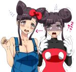 2girls arrow_(symbol) bangs black_hair blush bow breasts character_request cleavage cosplay danganronpa_(series) danganronpa_2:_goodbye_despair dosugon double_bun dual_persona gloves hair_bow hair_cones hand_up large_breasts long_hair mickey_mouse mickey_mouse_(cosplay) mole mole_under_eye multiple_girls overalls red_bow simple_background smile translation_request trembling tsumiki_mikan upper_body white_background white_gloves 
