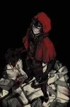  1boy beard_stubble belt black_background black_bodysuit bodysuit brown_belt brown_hair cape capelet chanil_(muexlku) crimson_scar_(e.g.o) cross_scar e.g.o_(project_moon) erlking_heathcliff_(project_moon) facial_hair from_above heathcliff_(project_moon) highres holding holding_weapon limbus_company long_hair looking_at_viewer male_focus mirror murder project_moon red_cape red_capelet scar scar_on_face simple_background solo stubble weapon 