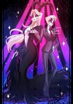  1boy 1girl addams_family adylaineart black_dress black_suit cosplay couple demon_boy demon_girl dress gomez_addams gomez_addams_(cosplay) hazbin_hotel husband_and_wife lilith_(hazbin_hotel) long_hair lucifer_morningstar_(hazbin_hotel) morticia_addams morticia_addams_(cosplay) suit very_long_hair 
