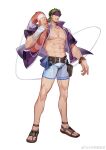  1boy abs bara beard belt chinese_commentary commentary_request facial_hair fire_emblem gerik_(fire_emblem) gloves green_eyes green_hair headband highres large_pectorals long_hair male_focus muscular muscular_male my_eight open_mouth pectorals scar smile solo 