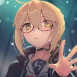  1girl ahoge artoria_pendragon_(fate) bangs black_jacket blonde_hair blush boa_(brianoa) braid breasts choker fate/grand_order fate_(series) french_braid glasses hair_between_eyes hair_bun highres jacket long_hair looking_at_viewer medium_breasts mysterious_heroine_x_(alter)_(fate) sailor_collar sidelocks solo yellow_eyes 