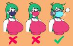  1girl ahegao ahoge armpit_crease bangs bare_shoulders black_eyes blue_choker blue_mask breasts breath choker cleavage collarbone commentary cropped_torso english_commentary eyebrows_visible_through_hair green_hair highres huge_breasts jam-orbital long_hair mask mouth_mask multiple_masks multiple_views no_pupils orange_background original pink_mask pink_shirt shirt simple_background speech_bubble surgical_mask swept_bangs tank_top tight tight_shirt upper_body yellow_mask 